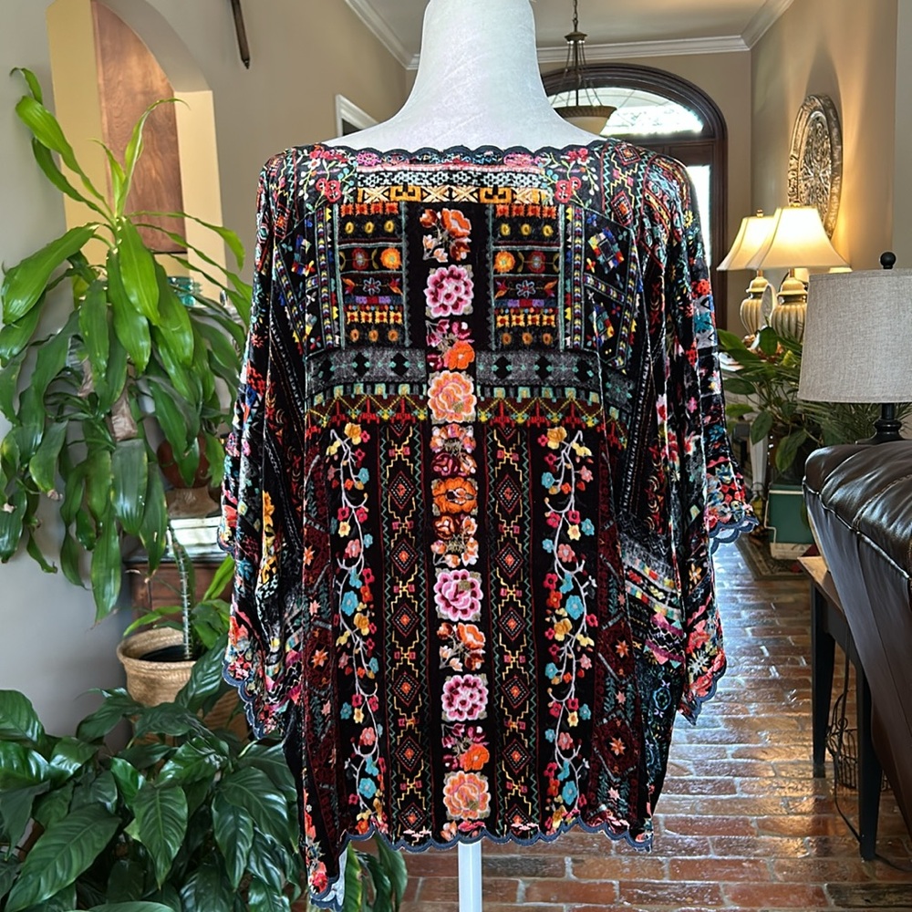 Johnny Was Multicolor Velvet Floral Embroidered Blouse - Picture 6 of 15